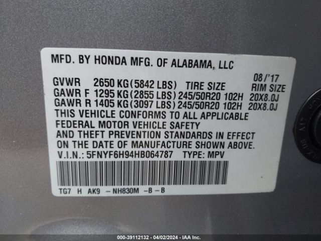 5FNYF6H94HB064787 Honda Pilot Touring