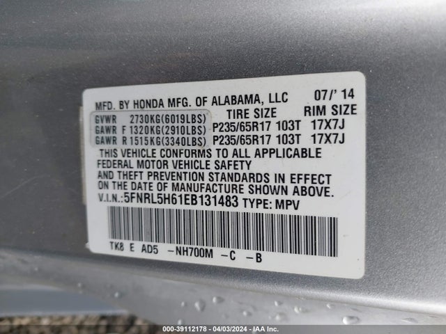 Honda Odyssey Ex-l 2014 5FNRL5H61EB131483 Image 9