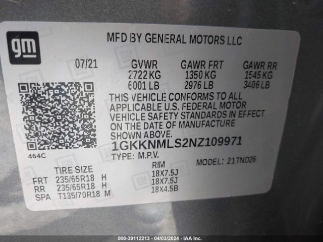 1GKKNMLS2NZ109971 GMC Acadia Fwd Slt