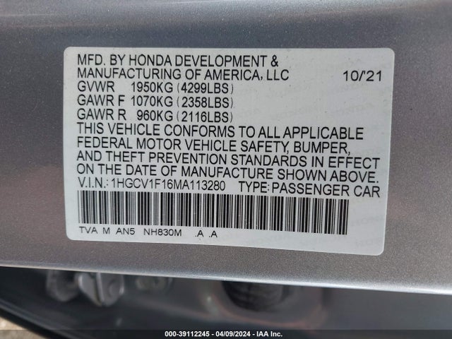 Honda ACCORD LX 2021 1HGCV1F16MA113280 Image 9