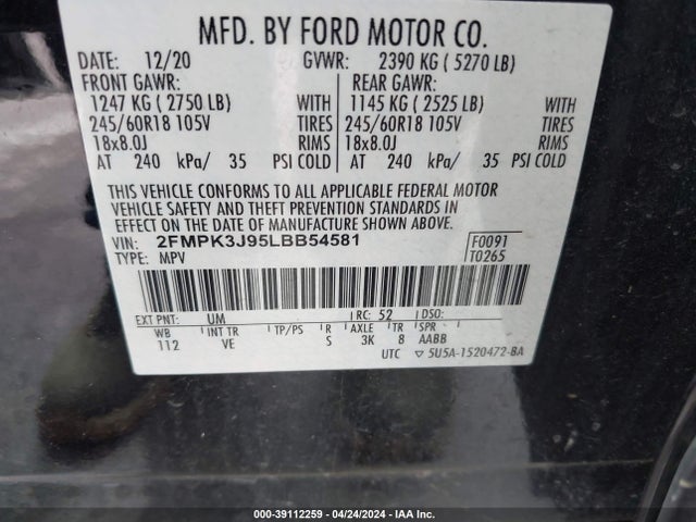 Ford EDGE SEL 2020 2FMPK3J95LBB54581 Image 9