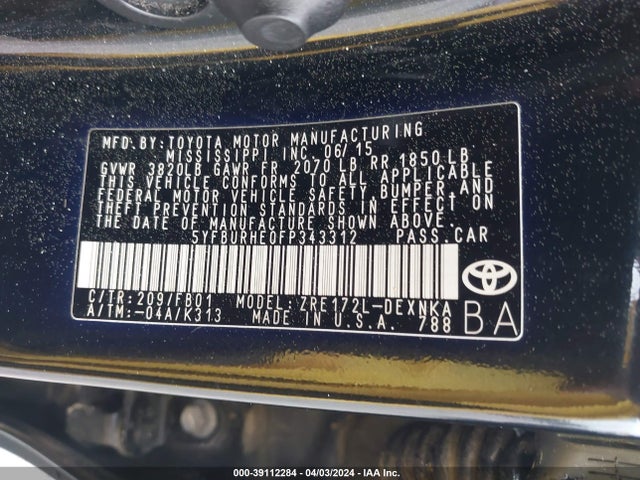 Toyota COROLLA LE 2015 5YFBURHE0FP343312 Image 9