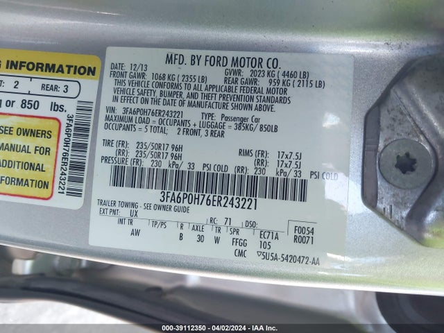 Ford FUSION SE 2014 3FA6P0H76ER243221 Image 9