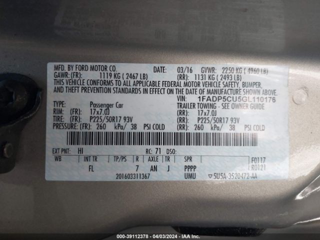 1FADP5CU5GL110176 Ford C-max Energi Sel