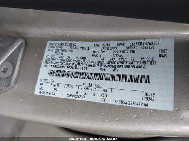Ford ESCAPE SEL 2018 1FMCU9HD4JUD25138 Image 9