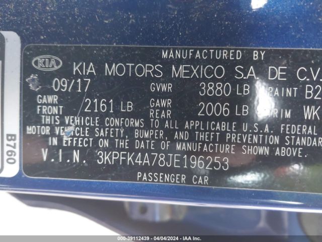 3KPFK4A78JE196253 KIA FORTE LX