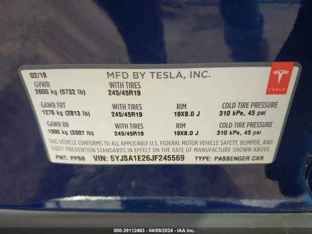 Tesla Model S 100d/75d/p100d 2018 5YJSA1E26JF245569 Image 9