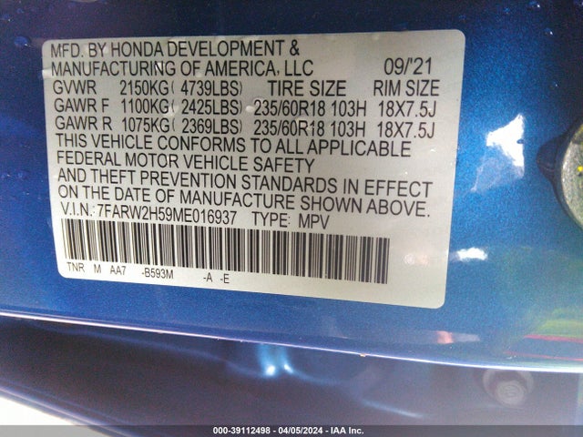 Honda Cr-v Awd Ex 2021 7FARW2H59ME016937 Image 9
