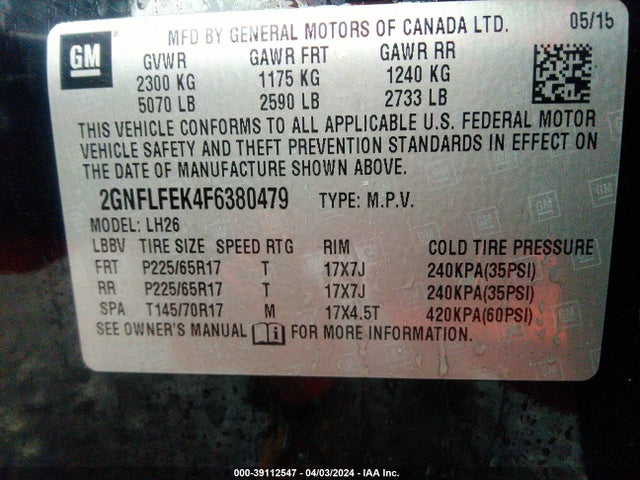 Chevrolet EQUINOX 1LT 2015 2GNFLFEK4F6380479 Image 9