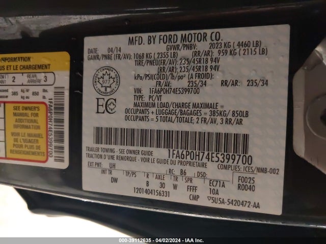 Ford FUSION SE 2014 1FA6P0H74E5399700 Image 9