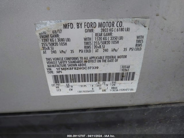 Ford Explorer Limited 2017 1FM5K8F82HGC37339 Image 9