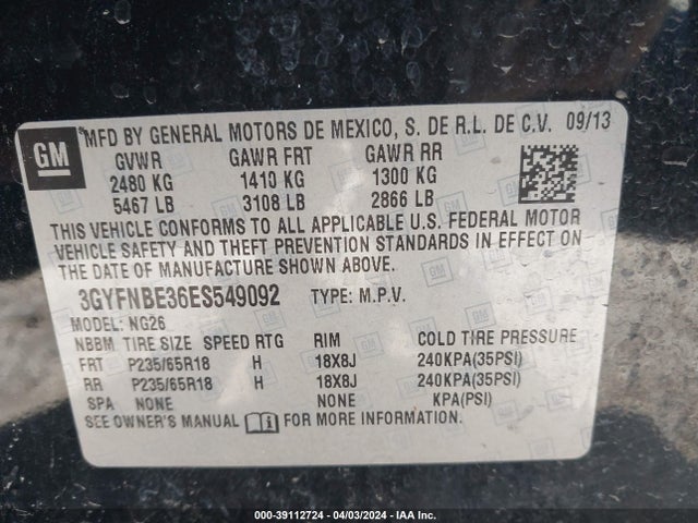3GYFNBE36ES549092 Cadillac Srx Luxury Collection