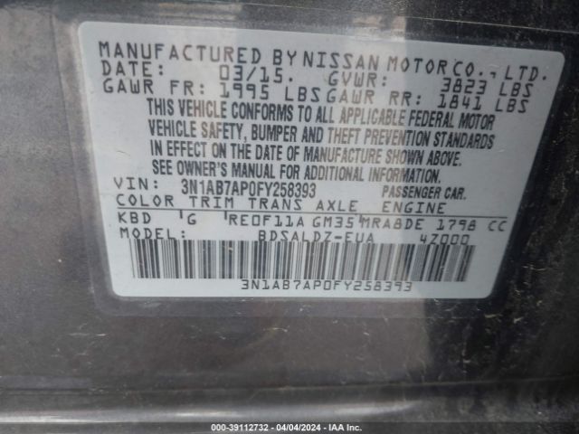3N1AB7AP0FY258393 Nissan Sentra Fe+ S/s/sl/sr/sv