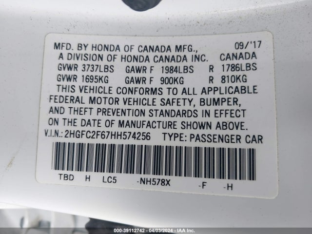 Honda Civic Lx 2017 2HGFC2F67HH574256 Image 9