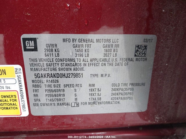 Buick Enclave Convenience 2017 5GAKRAKD0HJ279851 Image 9