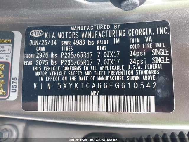 KIA SORENTO LX 2015 5XYKTCA66FG610542 Image 9