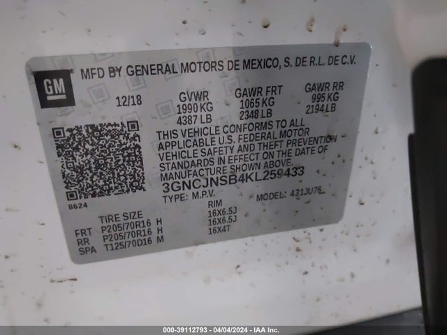 Chevrolet TRAX LS 2019 3GNCJNSB4KL259433 Image 9