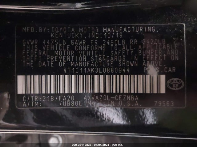 Toyota CAMRY LE 2020 4T1C11AK3LU880944 Image 9