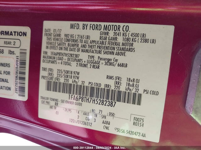Ford Mustang Ecoboost 2017 1FA6P8TH7H5282387 Image 9