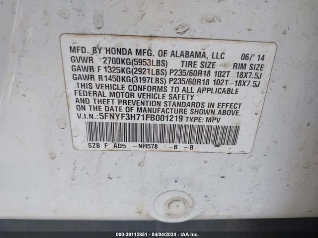 Honda Pilot Ex-l 2015 5FNYF3H71FB001219 Image 9