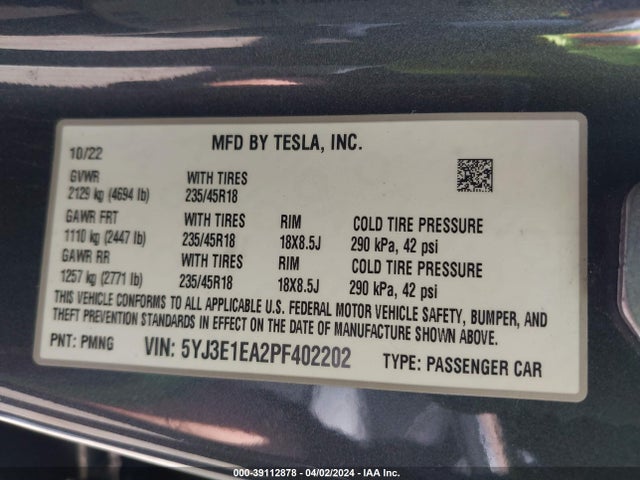 5YJ3E1EA2PF402202 Tesla Model 3 Rear-wheel Drive