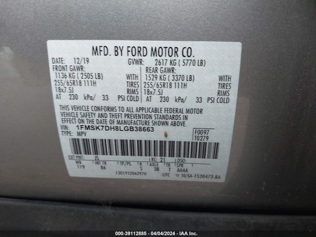 Ford EXPLORER XLT 2020 1FMSK7DH8LGB38663 Image 9
