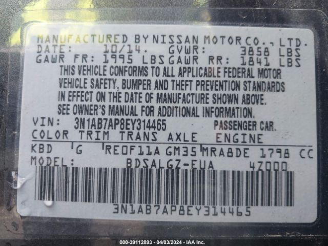 3N1AB7AP8EY314465 Nissan SENTRA SL