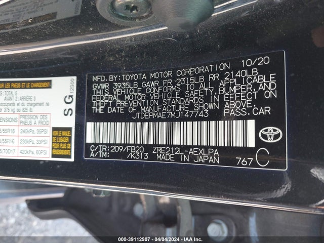 Toyota COROLLA LE 2021 JTDEPMAE7MJ147743 Image 9