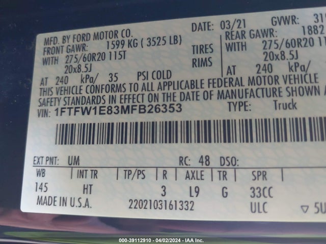 Ford F-150 Lariat 2021 1FTFW1E83MFB26353 Image 9