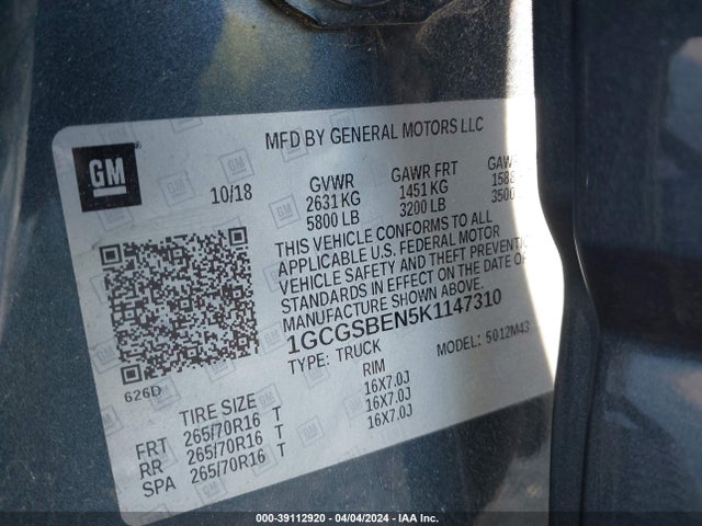 Chevrolet Colorado Wt 2019 1GCGSBEN5K1147310 Image 9