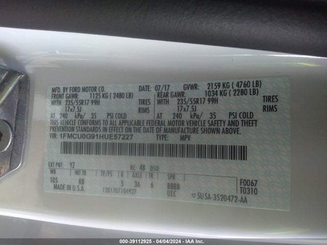 Ford ESCAPE SE 2017 1FMCU0G91HUE57227 Image 9