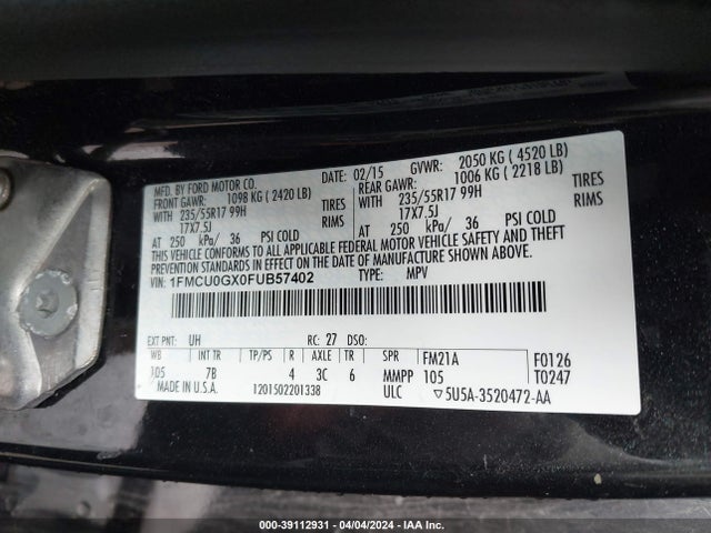 Ford ESCAPE SE 2015 1FMCU0GX0FUB57402 Image 9
