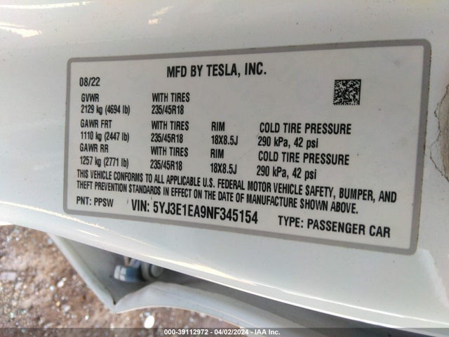 Tesla Model 3 Rear-wheel Drive 2022 5YJ3E1EA9NF345154 Image 9
