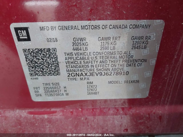Chevrolet EQUINOX LT 2018 2GNAXJEV9J6278910 Image 9