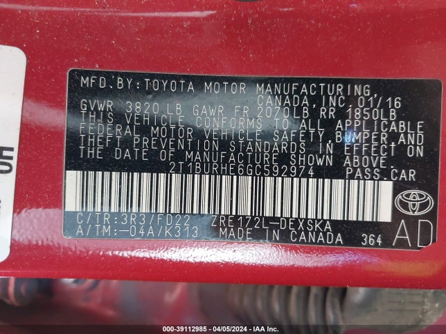 Toyota Corolla S Plus 2016 2T1BURHE6GC592974 Image 9
