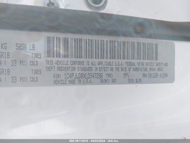 1C4PJLDBXLD547296 Jeep Cherokee Limited Fwd
