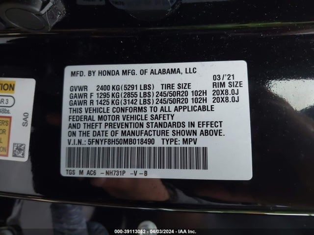 Honda Passport Awd Ex-l 2021 5FNYF8H50MB018490 Image 9