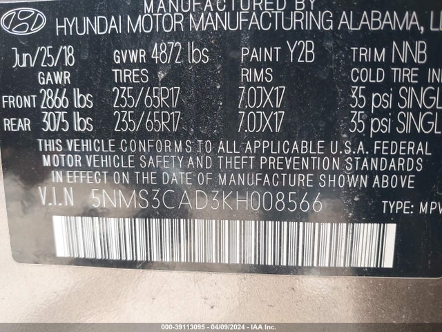 Hyundai Santa Fe Sel 2019 5NMS3CAD3KH008566 Image 9