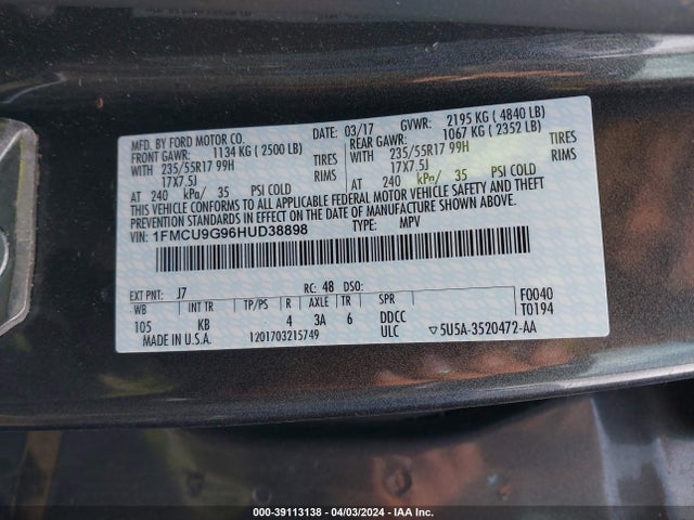 Ford ESCAPE SE 2017 1FMCU9G96HUD38898 Image 9