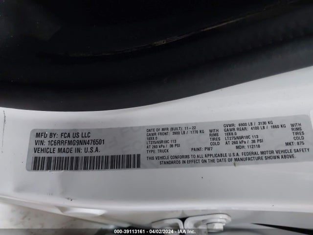 1C6RRFMG9NN476501 RAM 1500 Big Horn  4x4 6'4 Box