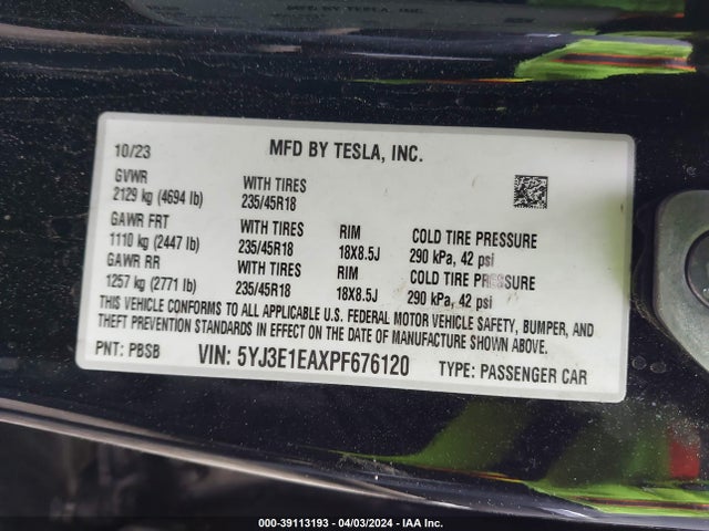 Tesla Model 3 Rear-wheel Drive 2023 5YJ3E1EAXPF676120 Image 9