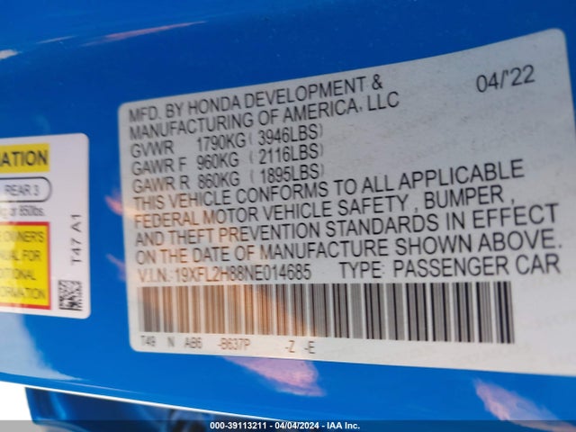 Honda Civic Sport 2022 19XFL2H88NE014685 Image 9