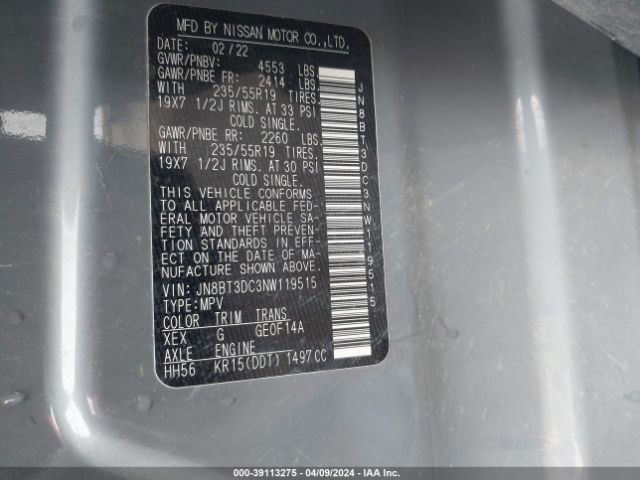 JN8BT3DC3NW119515 Nissan Rogue Platinum Fwd