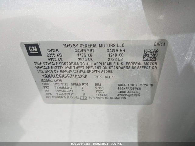 Chevrolet Equinox 2lt 2015 1GNALCEK5FZ104230 Image 9