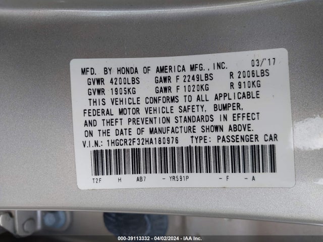 Honda ACCORD LX 2017 1HGCR2F32HA180976 Image 9