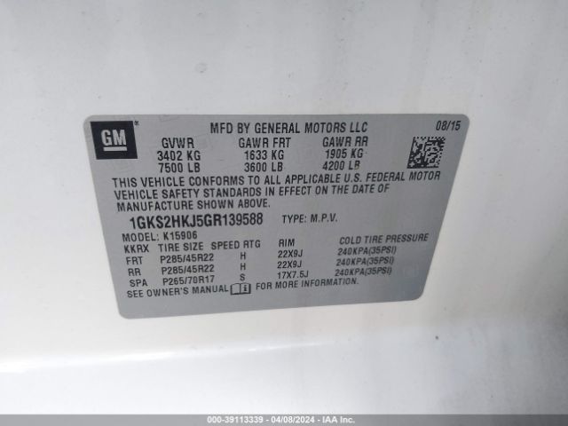 1GKS2HKJ5GR139588 GMC YUKON XL DENALI