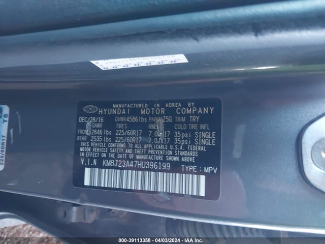 Hyundai TUCSON SE 2017 KM8J23A47HU396199 Image 9