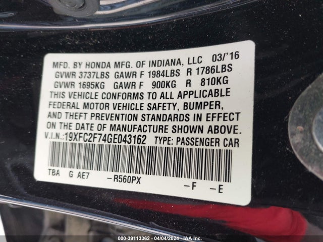 Honda CIVIC EX 2016 19XFC2F74GE043162 Image 9