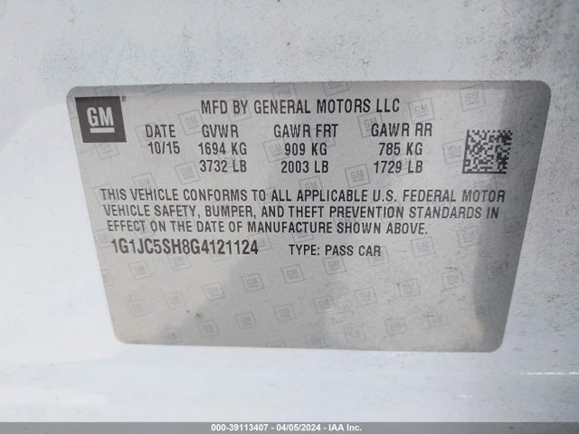 Chevrolet Sonic Lt Auto 2016 1G1JC5SH8G4121124 Image 9
