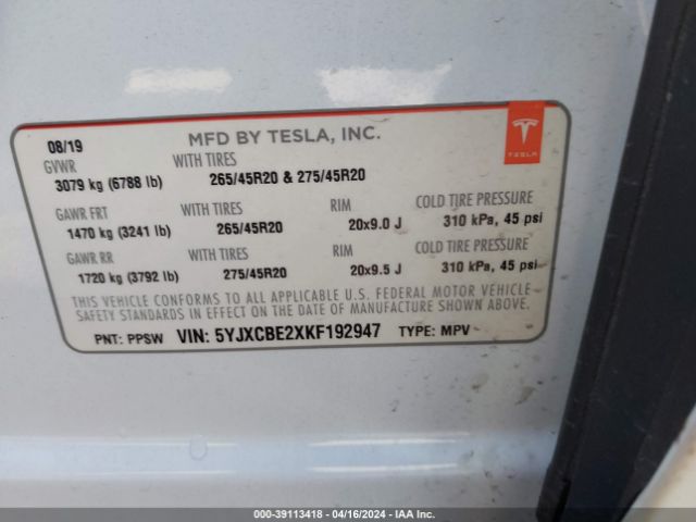 5YJXCBE2XKF192947 Tesla Model X 100d/75d/long Range